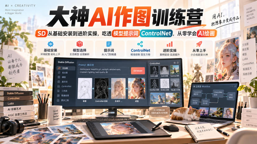 大神AI作图训练营,SD从基础安装到进阶实操,吃透模型提示词ControlNet,从零学会AI绘画-天韵资源网