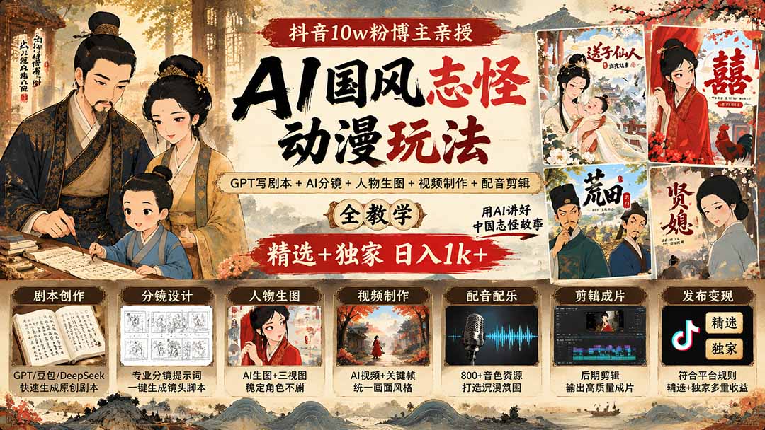 抖音10w粉博主亲授AI国风志怪动漫玩法｜GPT写剧本+AI分镜+人物生图+视频制作+配音剪辑全教学｜精选+独家日入1k+-天韵资源网