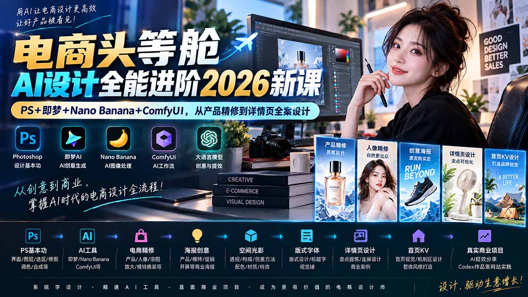 电商头等舱AI设计全能进阶2026新课：PS+即梦+Nano Banana+ComfyUI，从产品精修到详情页全案设计-天韵资源网