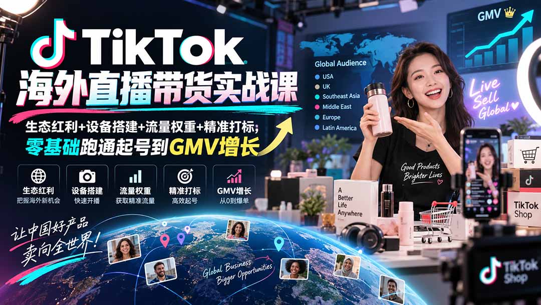 TikTok海外直播带货实战课｜生态红利+设备搭建+流量权重+精准打标，零基础跑通起号到GMV增长-天韵资源网