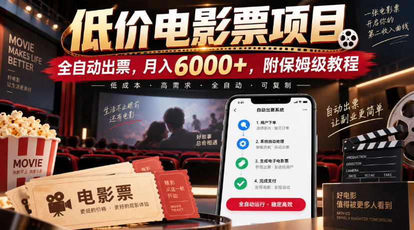 低价电影票项目，全自动出票，月入6000+，附保姆级教程【揭秘】-天韵资源网