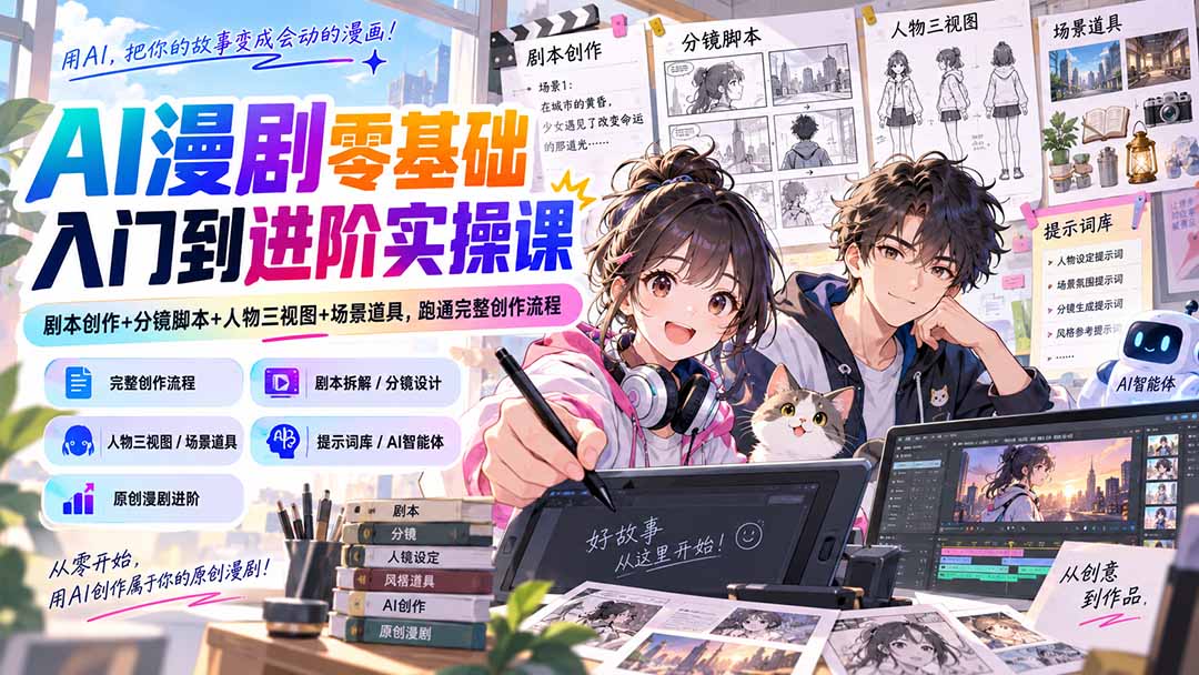 AI漫剧零基础入门到进阶实操课：剧本创作+分镜脚本+人物三视图+场景道具，跑通完整创作流程-天韵资源网