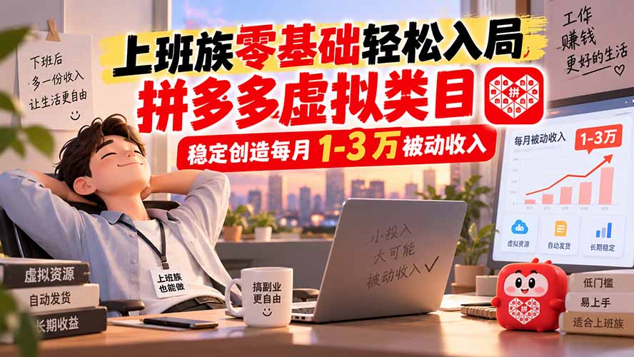 上班族零基础轻松入局，拼多多虚拟类目，稳定创造每月 1-3 万被动收入-天韵资源网