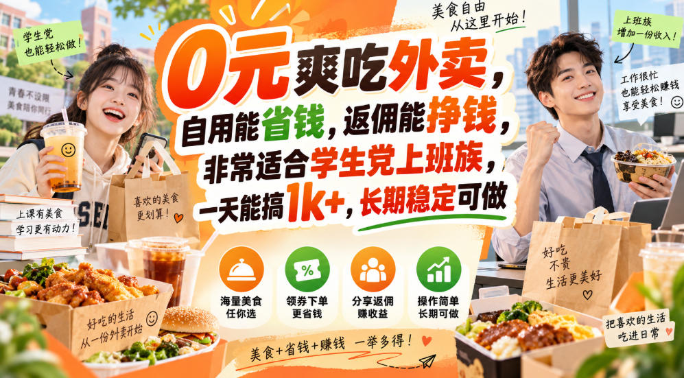 0元爽吃外卖，自用能省钱，返佣能挣钱，非常适合学生党上班族，一天能搞1k+，长期稳定可做-天韵资源网