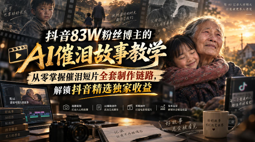 抖音83W粉丝博主的AI催泪故事教学，从零掌握催泪短片全套制作链路，解锁抖音精选独家收益-天韵资源网