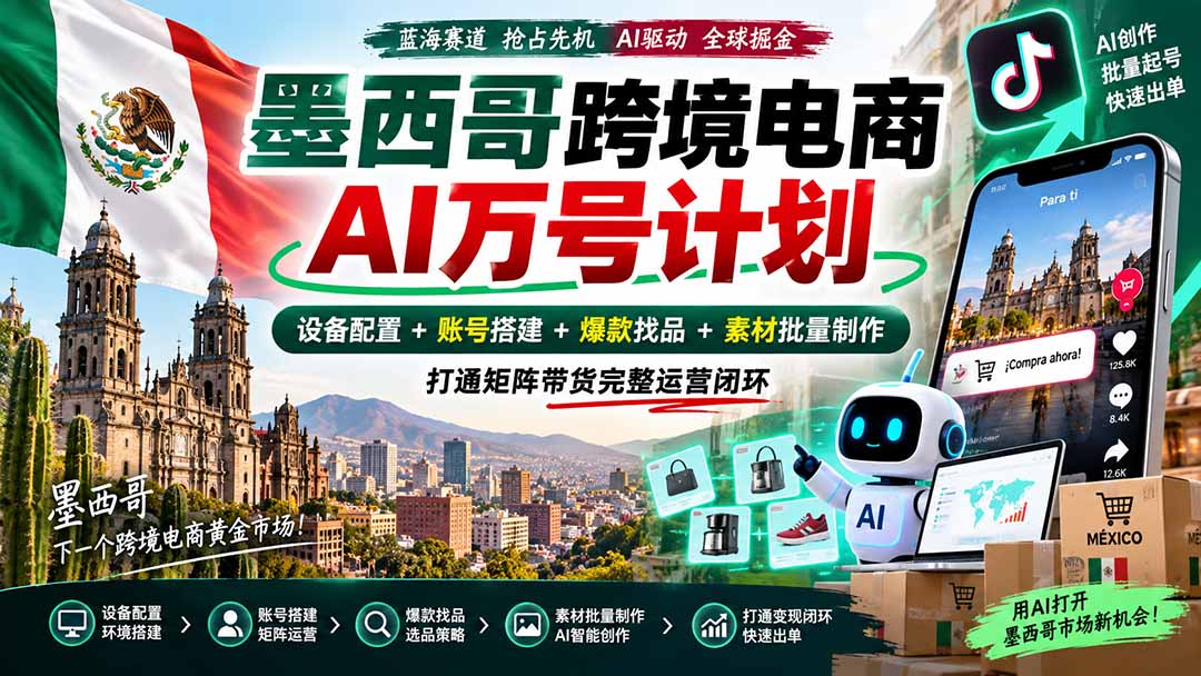 墨西哥AI跨境电商万号计划|设备配置+账号搭建+爆款找品+素材批量制作,打通矩阵带货完整运营闭环-天韵资源网