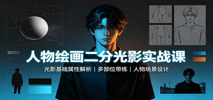 人物绘画二分光影实战课：光影基础属性解析，多部位带练，人物场景设计-天韵资源网