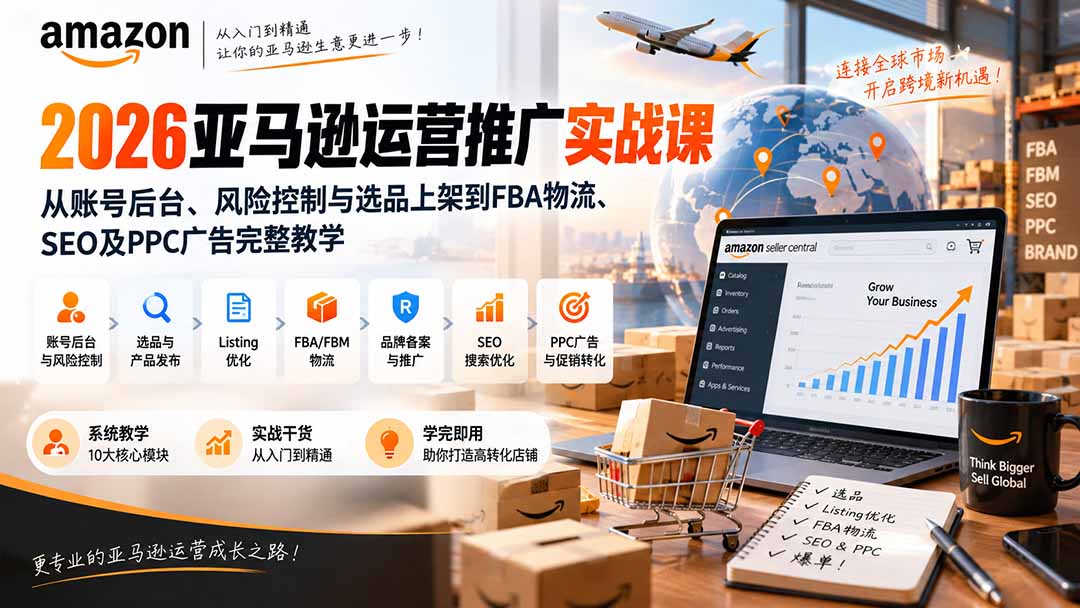 2026亚马逊运营推广实战课：从账号后台、风险控制与选品上架到FBA物流、SEO及PPC广告完整教学-天韵资源网