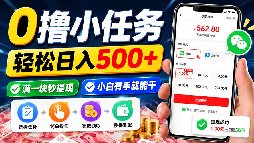 0撸小任务，轻松日入500+，满一块秒提现，小白有手就能干-天韵资源网