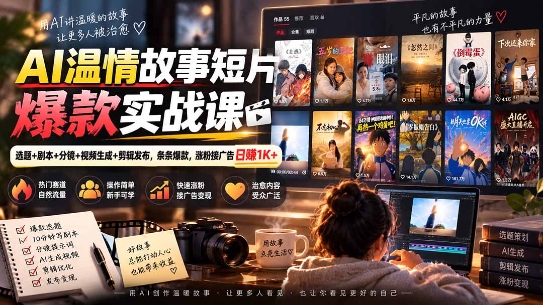 AI温情故事短片爆款实战课-更新｜选题+剧本+分镜+视频生成+剪辑发布，条条爆款，涨粉接广告日赚1K+-天韵资源网