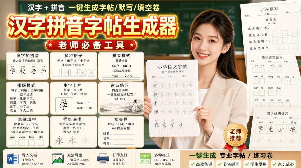 学习神器，汉字拼音字帖生成器，汉字+拼音 一键生成字帖/默写/填空卷，支持词组、成语，老师、家长必备-天韵资源网