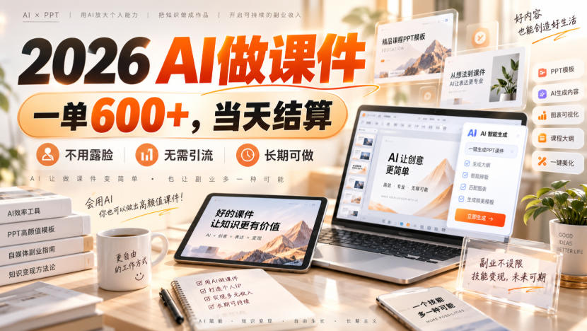 2026 AI做课件，一单600+，当天结算，不用露脸，无需引流，长期可做【揭秘】-天韵资源网