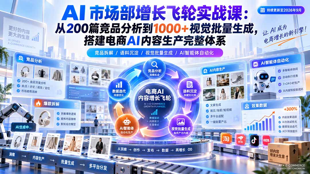 AI 市场部增长飞轮实战课：从200篇竞品分析到1000+视觉批量生成，搭建电商AI内容生产完整体系-天韵资源网