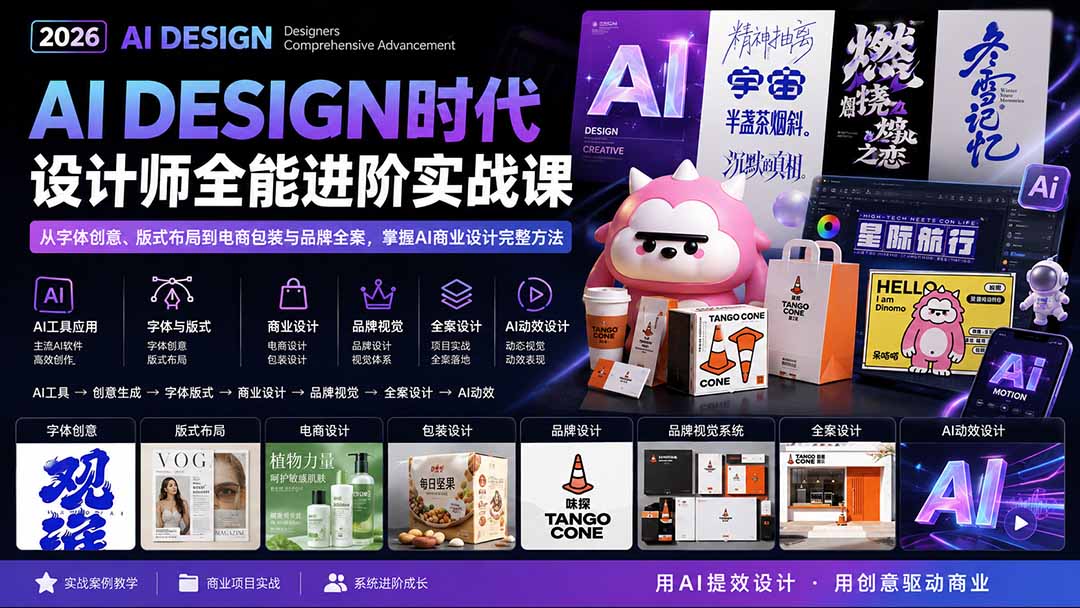 2026AI DESIGN时代设计师全能进阶实战课：从字体创意、版式布局到电商包装与品牌全案，掌握AI商业设计完整方法-天韵资源网