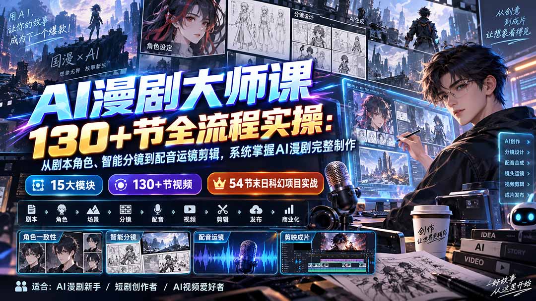 AI漫剧大师课130+节全流程实操：从剧本角色、智能分镜到配音运镜剪辑，系统掌握AI漫剧完整制作-天韵资源网