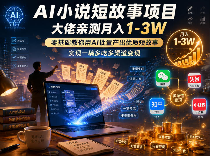 AI小说短故事项目，大佬亲测月入1-3W，零基础教你用AI批量产出优质短故事，实现一稿多吃多渠道变现(更新0910)-天韵资源网