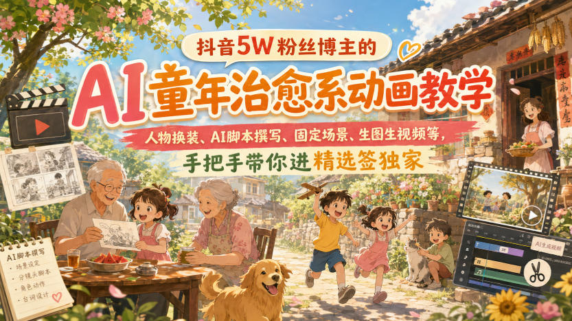 抖音5W粉丝博主的AI童年治愈系动画教学，人物换装、AI脚本撰写、固定场景、生图生视频等，手把手带你进精选签独家-天韵资源网