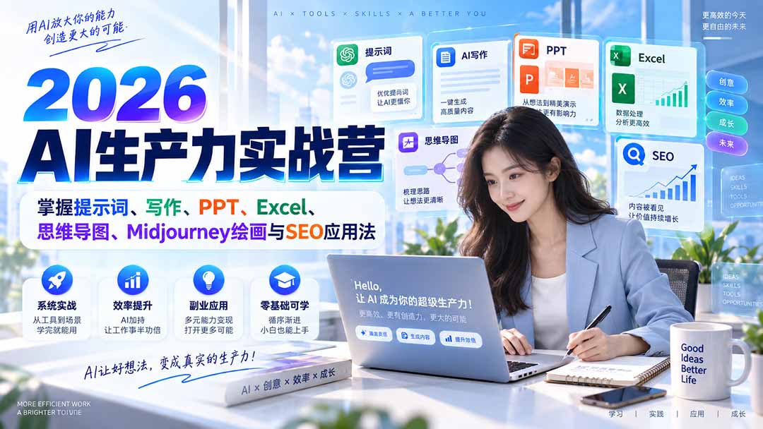 2026AI生产力实战营：掌握提示词、写作、PPT、Excel、思维导图、Midjourney绘画与SEO应用法-天韵资源网