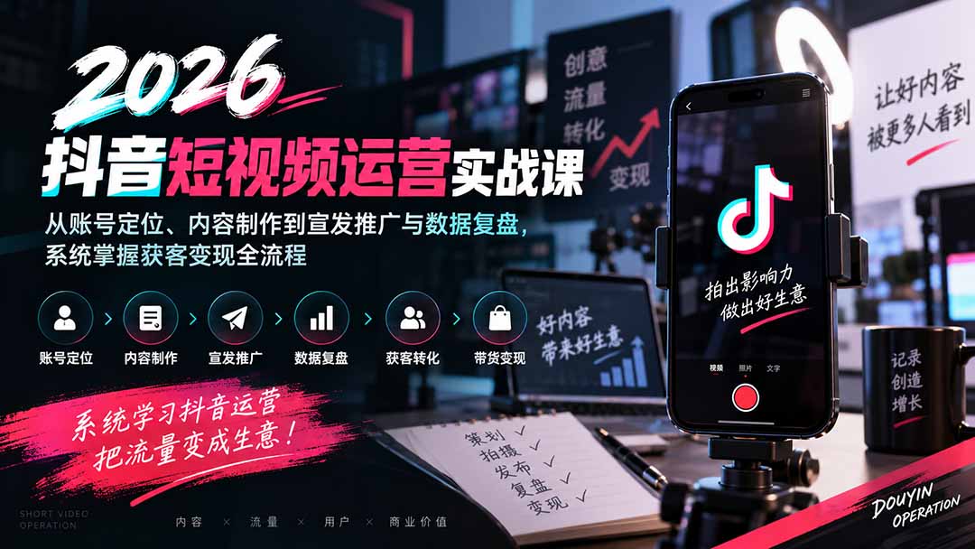 2026抖音短视频运营实战课：从账号定位、内容制作到宣发推广与数据复盘，系统掌握获客变现全流程-天韵资源网
