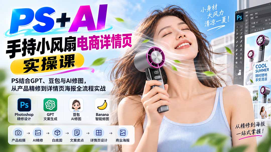 PS+AI手持小风扇电商详情页实操课：PS结合GPT、豆包与AI修图，从产品精修到详情页海报全流程实战-天韵资源网