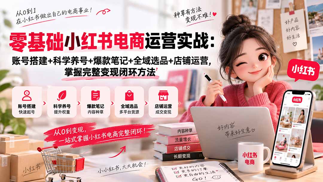 零基础小红书电商运营实战：账号搭建+科学养号+爆款笔记+全域选品+店铺运营，掌握完整变现闭环方法-天韵资源网