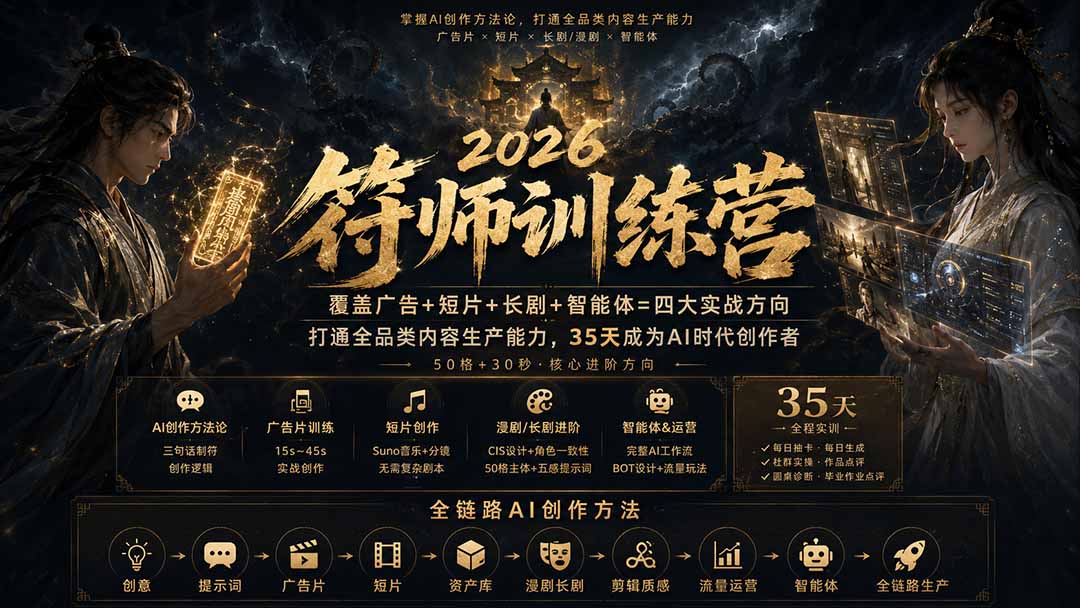 符师训练营-35天成为AI时代创作者，广告+短片+漫剧+智能体四大实战方向，掌握从创意到上线的完整工作流-天韵资源网