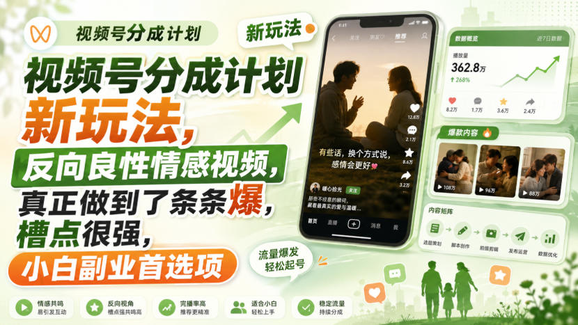视频号分成计划新玩法，反向良性情感视频，真正做到了条条爆，槽点很强，小白副业首选项-天韵资源网