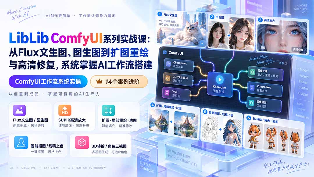 LibLib ComfyUI系列实战课：从Flux文生图、图生图到扩图重绘与高清修复，系统掌握AI工作流搭建-天韵资源网