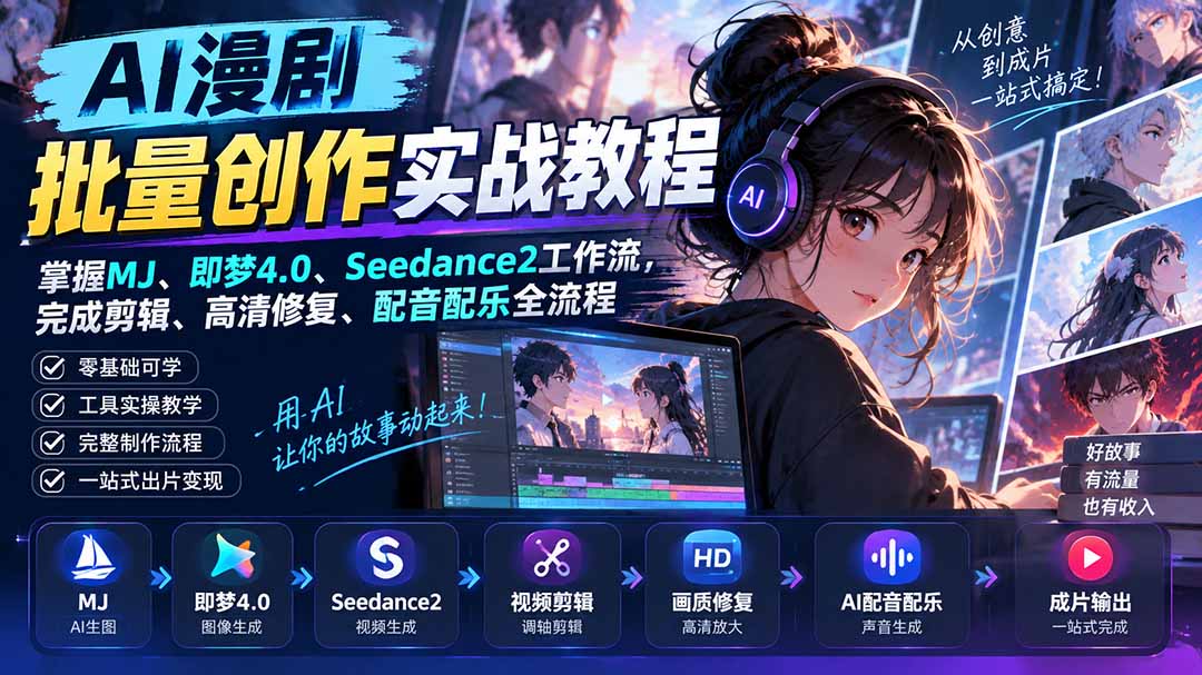 AI漫剧批量创作实战教程：掌握MJ、即梦4.0、Seedance2工作流，完成剪辑、高清修复、配音配乐全流程-天韵资源网