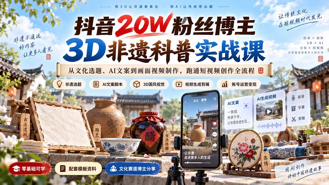 抖音20W粉丝博主3D非遗科普实战课：从文化选题、AI文案到画面视频制作，跑通短视频创作全流程-天韵资源网