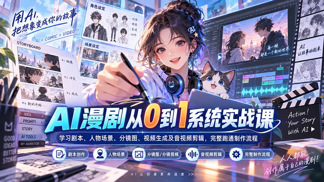 AI漫剧从0到1系统实战课：学习剧本、人物场景、分镜图、视频生成及音视频剪辑，完整跑通制作流程-天韵资源网