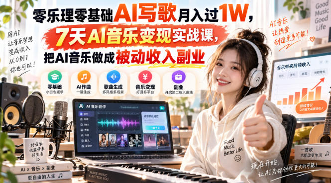 零乐理零基础AI写歌月入过1W,7天AI音乐变现实战课,把AI音乐做成被动收入副业-天韵资源网