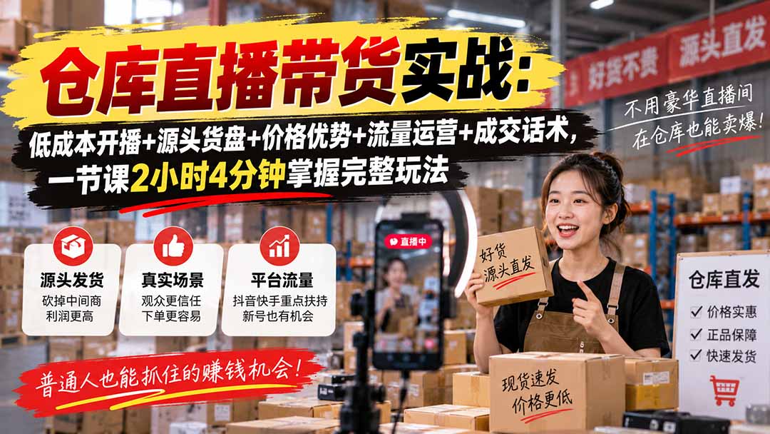 仓库直播带货实战：低成本开播+源头货盘+价格优势+流量运营+成交话术，一节课2小时4分钟掌握完整玩法-天韵资源网