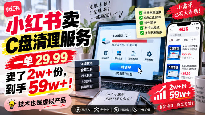 小红书卖C盘清理服务，一单29.99，卖了2w+份，技术也是虚拟产品-天韵资源网