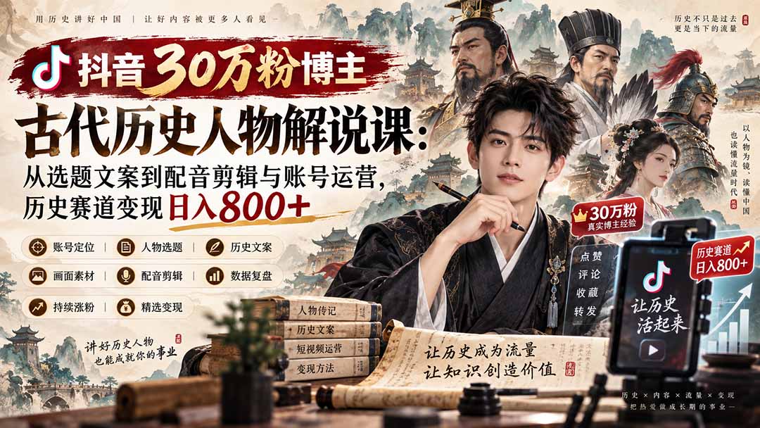 抖音30万粉博主古代历史人物解说课：从选题文案到配音剪辑与账号运营，历史赛道变现日入800+-天韵资源网