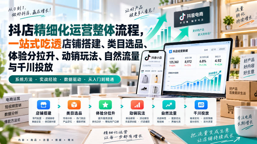 李哥电商-抖店精细化运营整体流程，一站式吃透店铺搭建、类目选品、体验分拉升、动销玩法、自然流量与千川投放-天韵资源网