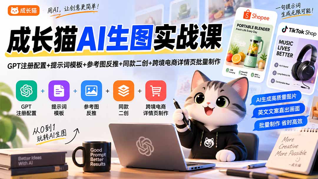 成长猫AI生图实战课｜GPT注册配置+提示词模板+参考图反推+同款二创+跨境电商详情页批量制作-天韵资源网