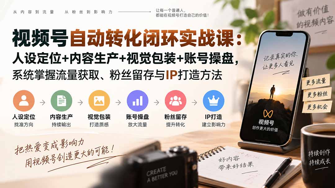 视频号自动转化闭环实战课：人设定位+内容生产+视觉包装+账号操盘，系统掌握流量获取、粉丝留存与IP打造方法-天韵资源网