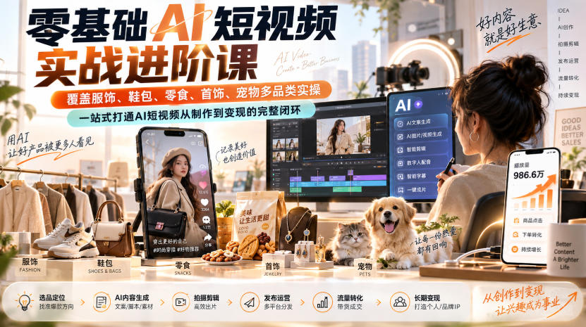零基础AI短视频实战进阶课，覆盖服饰、鞋包、零食、首饰、宠物多品类实操，一站式打通AI短视频从制作到变现的完整闭环-天韵资源网