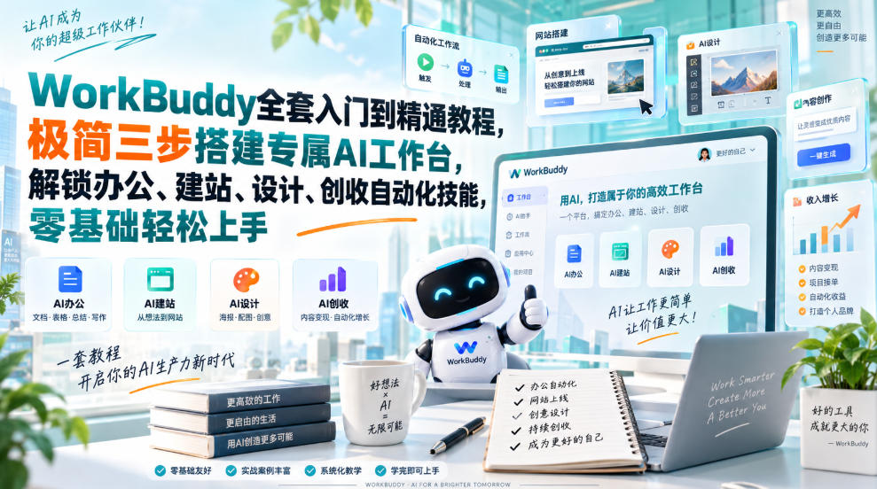 WorkBuddy全套入门到精通教程，极简三步搭建专属AI工作台，解锁办公、建站、设计、创收自动化技能，零基础轻松上手-天韵资源网