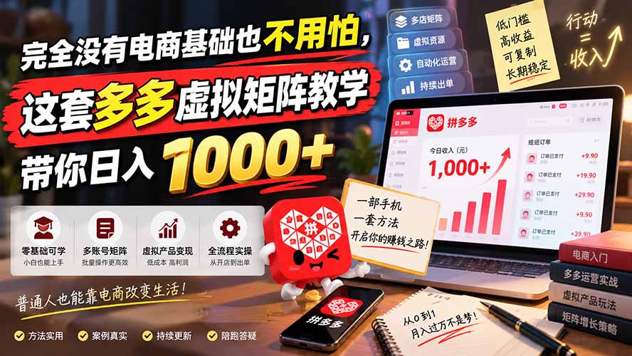 完全没有电商基础也不用怕，这套多多虚拟矩阵教学带你日入 1000+-天韵资源网