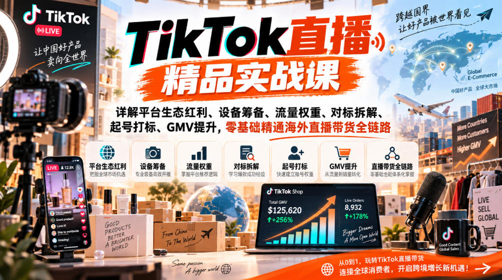 TikTok直播精品实战课，详解平台生态红利、设备筹备、流量权重、对标拆解、起号打标、GMV提升，零基础精通海外直播带货全链路-天韵资源网
