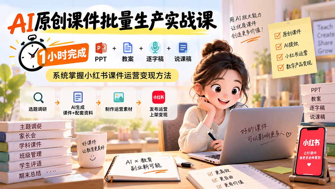 AI原创课件批量生产实战课：1小时完成PPT+教案+逐字稿+说课稿，系统掌握小红书课件运营变现方法-天韵资源网