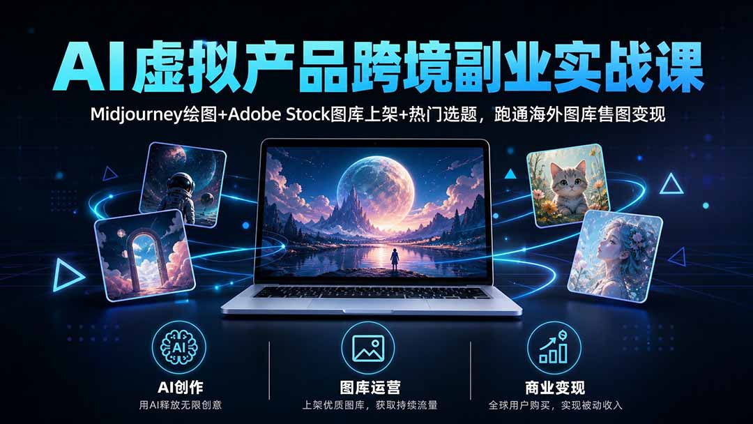 AI虚拟产品跨境副业实战课｜Midjourney绘图+Adobe Stock图库上架+热门选题，跑通海外图库售图变现-天韵资源网