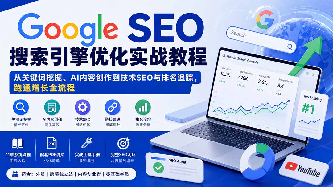 Google SEO搜索引擎优化实战教程:从关键词挖掘、AI内容创作到技术SEO与排名追踪,跑通增长全流程-天韵资源网