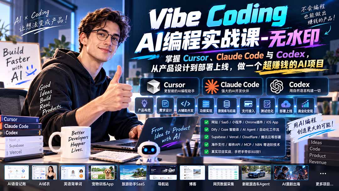 Vibe Coding AI编程实战课-无水印：掌握Cursor、Claude Code与Codex，从产品设计到部署上线，做一个超赚钱的AI项目-天韵资源网