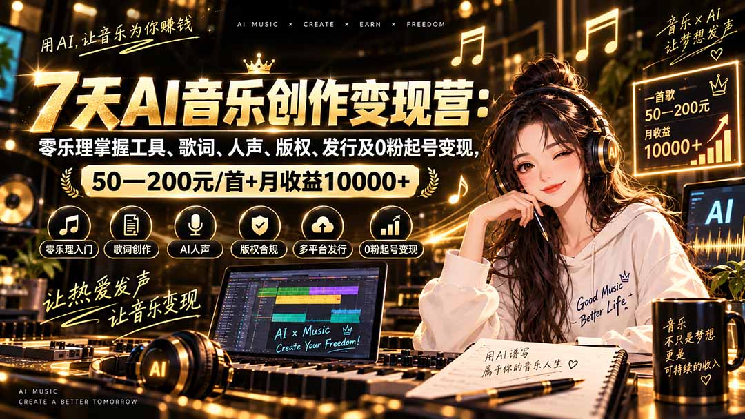AI音乐创作变现营：零乐理掌握工具、歌词、人声、版权、发行及0粉起号变现，50—200元/首+月收益10000+-天韵资源网