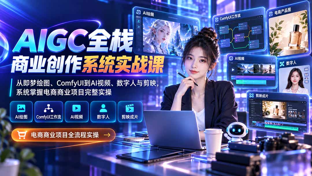 AIGC全栈商业创作系统实战课:从即梦绘图、ComfyUI到AI视频、数字人与剪映,系统掌握电商商业项目完整实操-天韵资源网