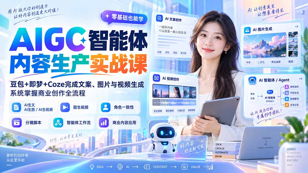 AIGC智能体内容生产实战课：豆包+即梦+Coze完成文案、图片与视频生成，系统掌握商业创作全流程-天韵资源网