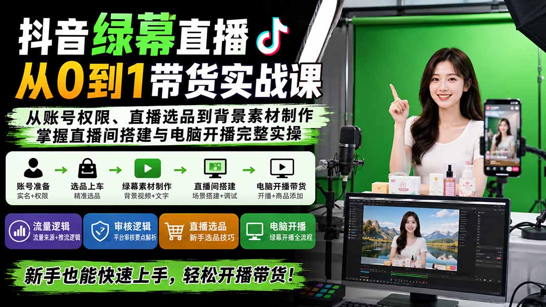 抖音绿幕直播从0到1带货实战课：从账号权限、直播选品到背景素材制作，掌握直播间搭建与电脑开播完整实操-天韵资源网